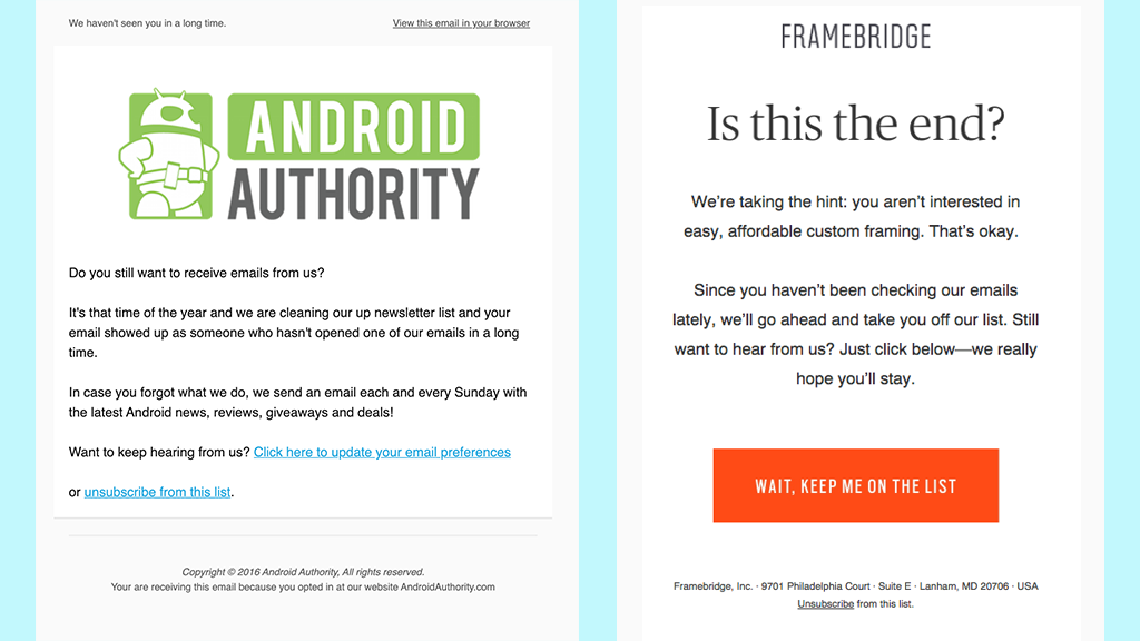 Subscriber re-engagement email by Android Authority (Left) and FrameBridge (Right).