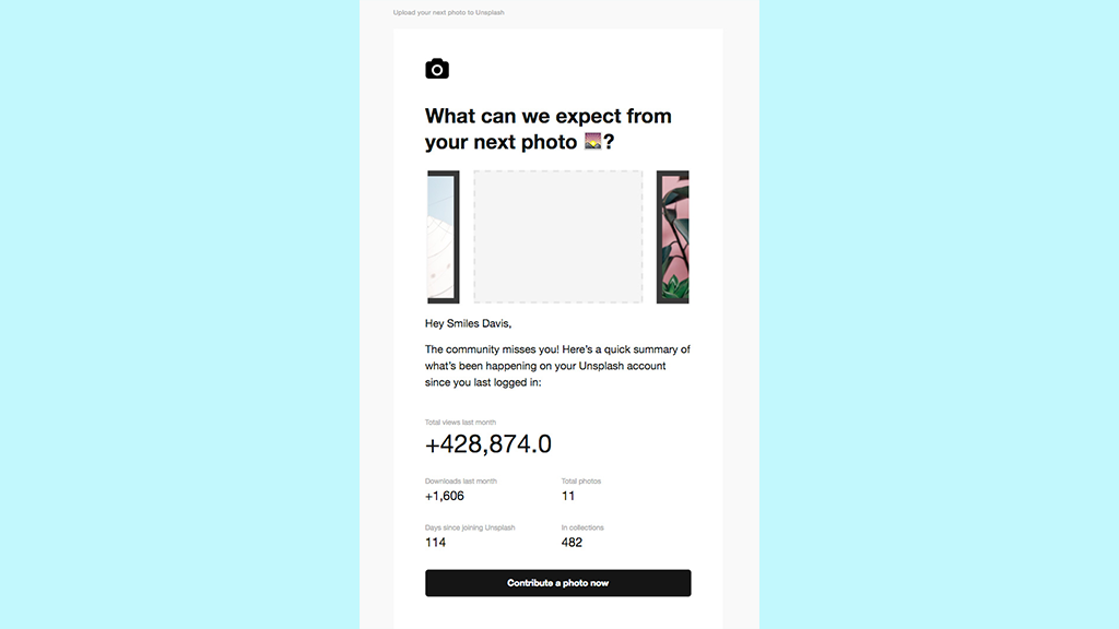 Subscriber re-engagement email by Unsplash.