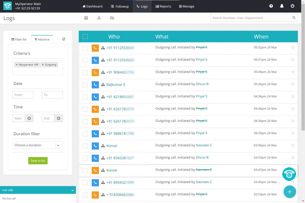 MyOperator panel with real-time logs of outgoing calls