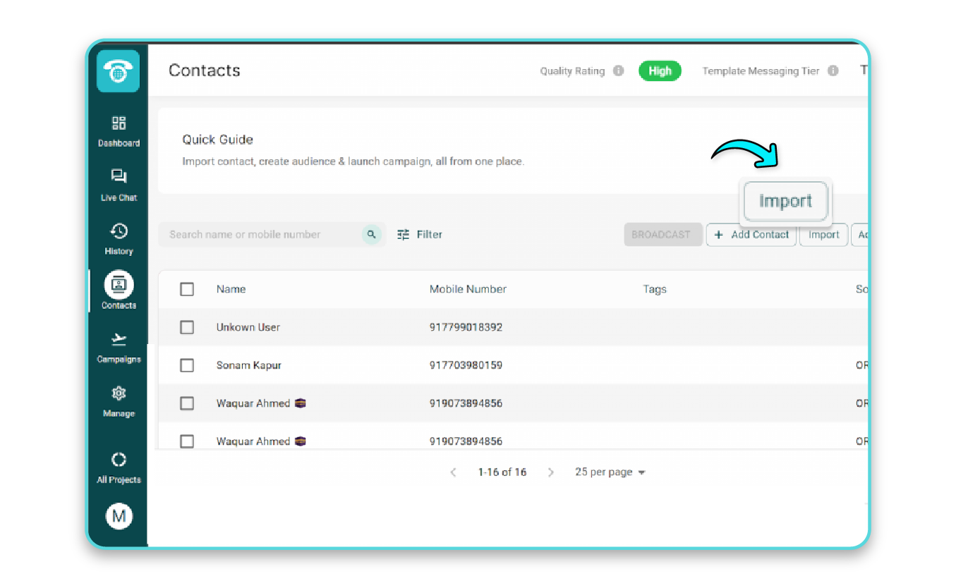 quick guide for import contact with in MyOperator WhatsApp dashboard