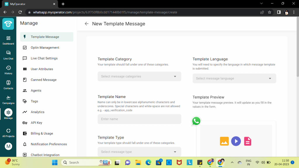 WhatsApp Business Message template format in MyOPerator Dashboard