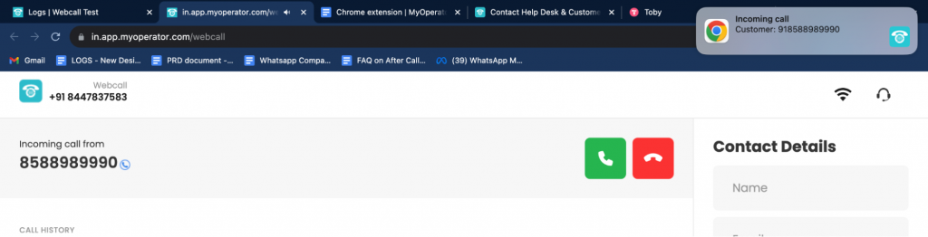 MyOperators web call notification 