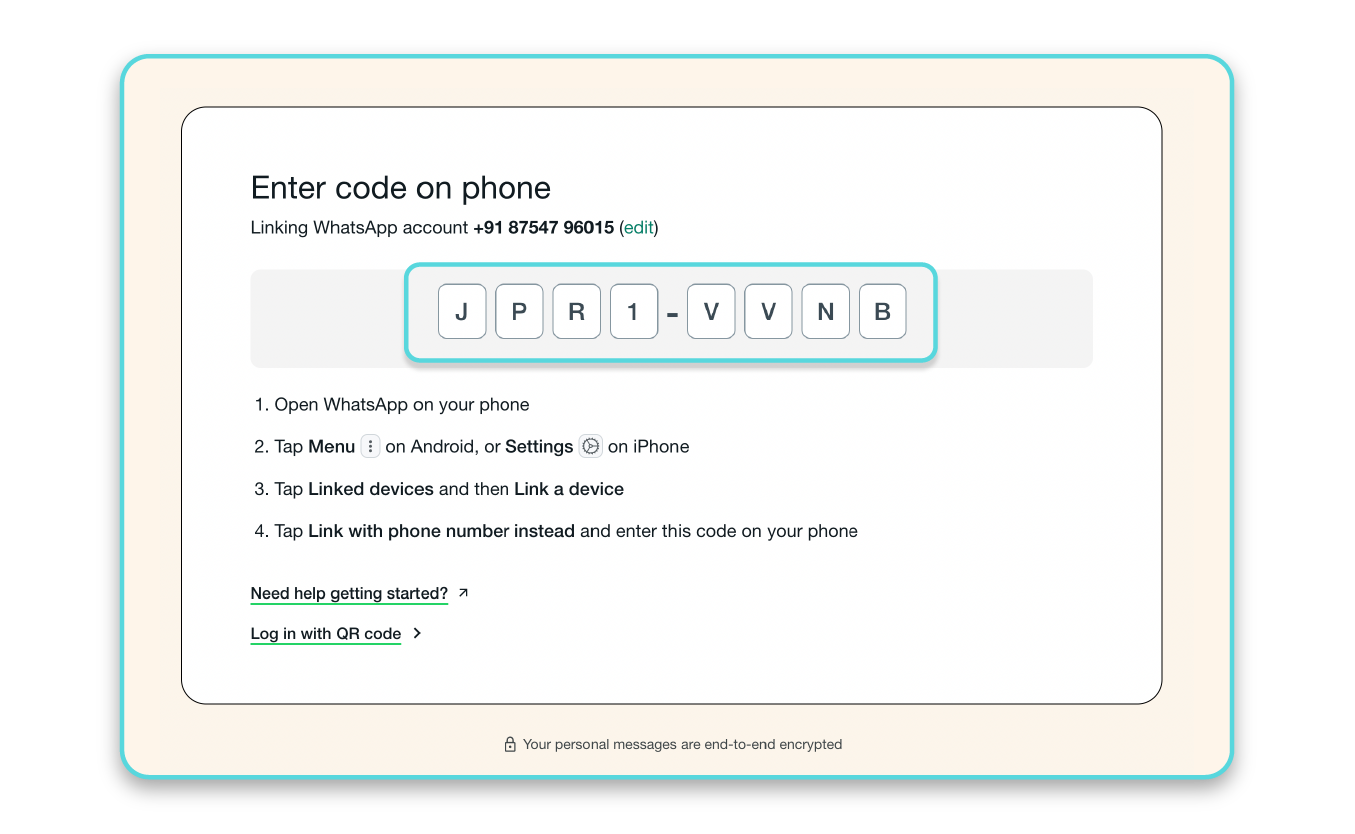 Enter the code on WhatsApp web platform